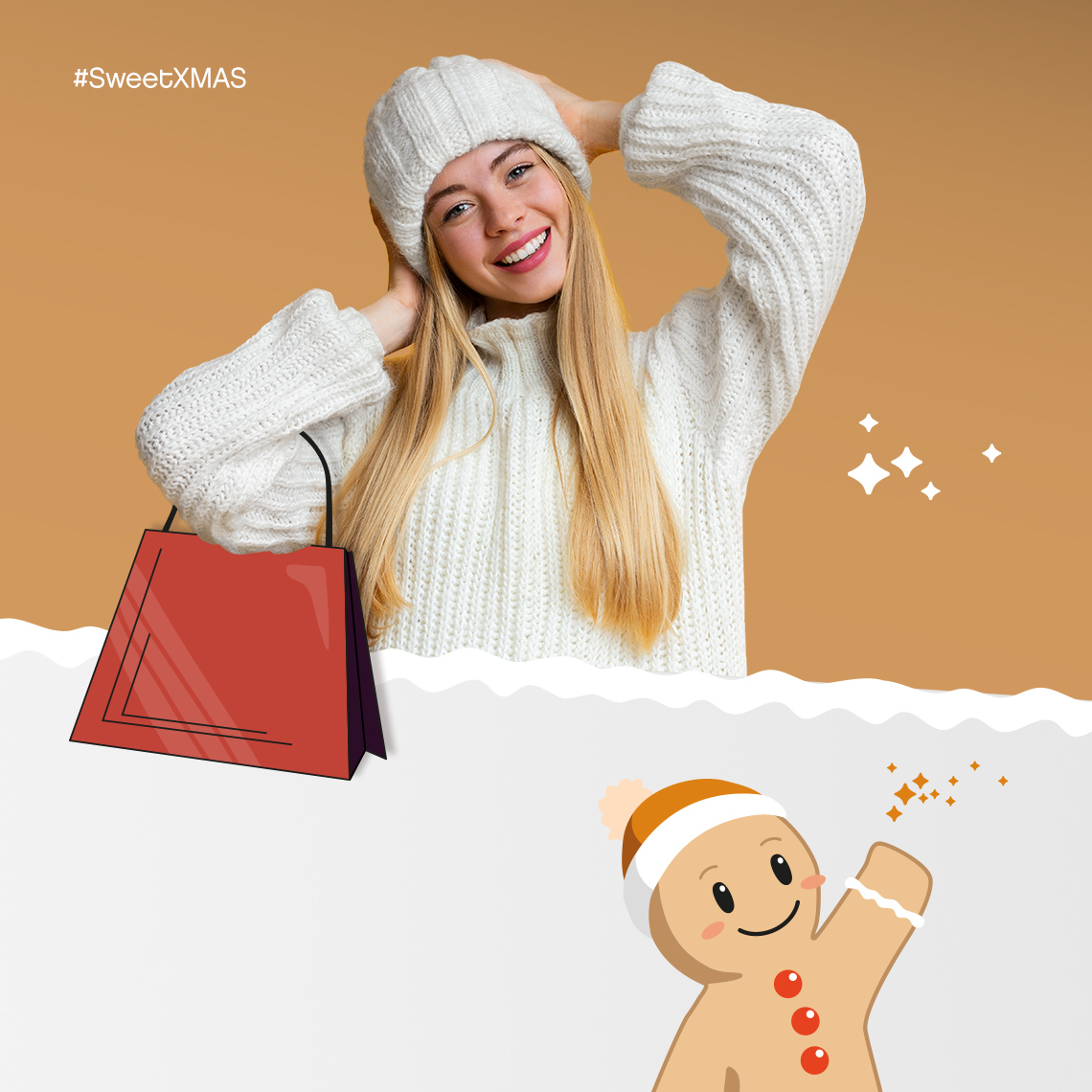 Women with a hat and shopping bag and a gingerbread man