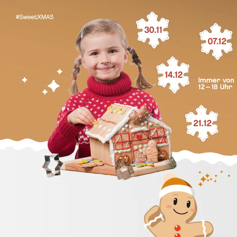 Little girl with gingerbread men and house and snowflakes